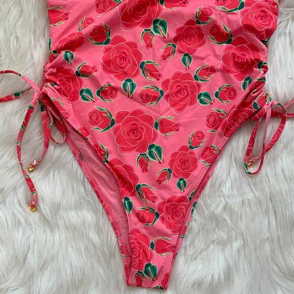 BETSEY JOHNSON Rose V-Neck Cinched Sides One Piece Swimsuit in Pink/Red Sz M - Picture 3 of 8